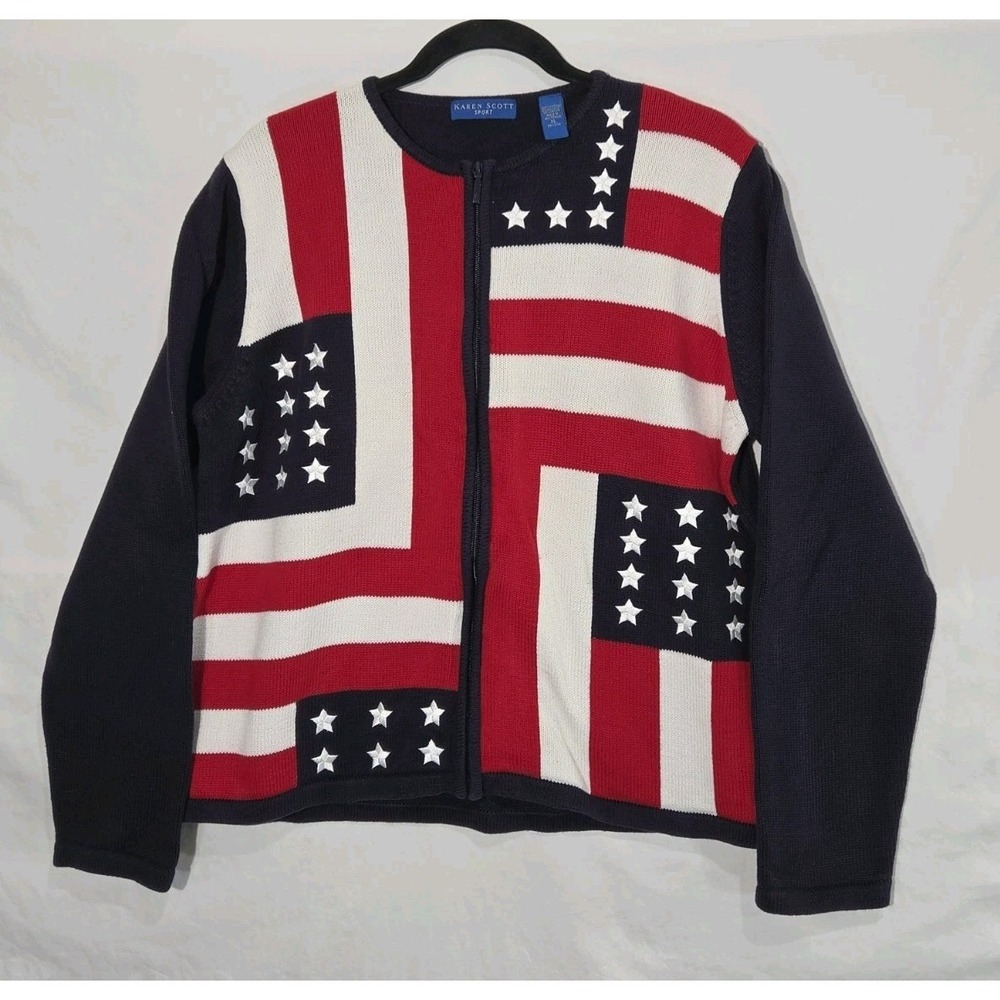 Karen Scott Cardigan Women XL Americana Stars Stripes Zip Sweater Patriotic